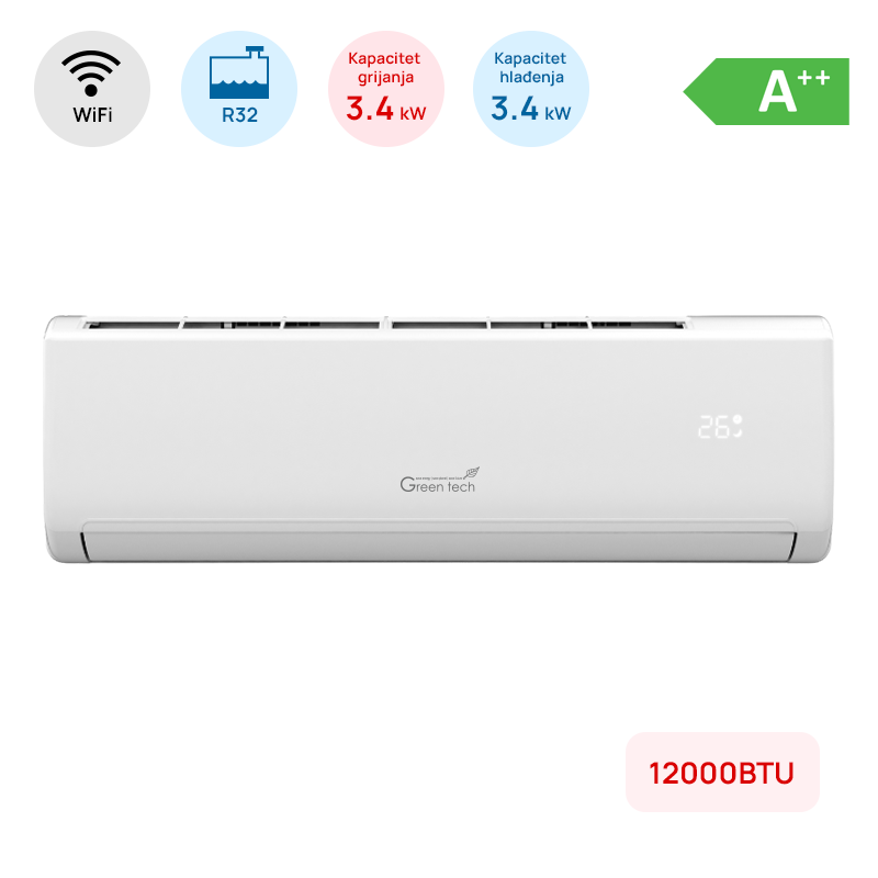 Klima Green Tech 12000BTU, 3.4kW, A++, R32, -22°C ~ 53°C, s grijačem, WiFi, bij.