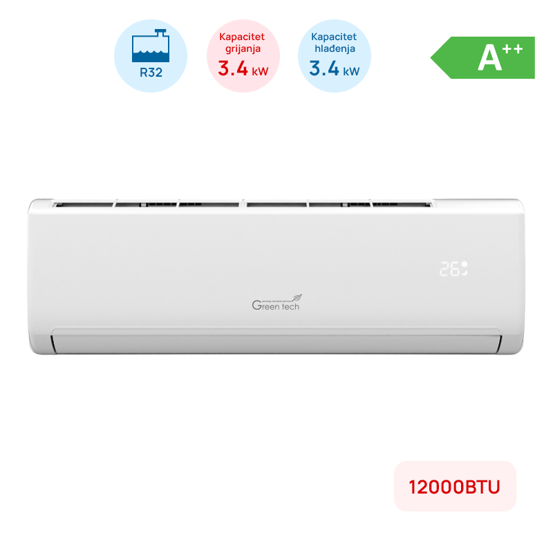 Klima Green Tech 12000BTU, 3.4kW, A++, R32, -22°C ~ 53°C, s grijačem, bijela