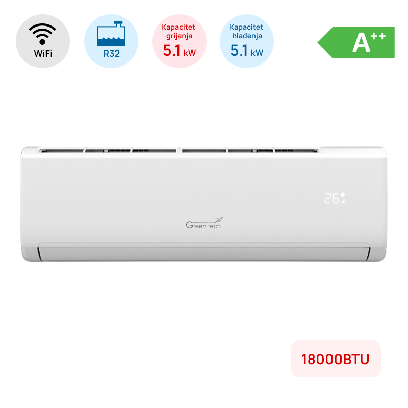 Klima Green Tech 18000BTU, 5.1kW, A++, R32, -22°C ~ 53°C, s grijačem, WiFi, bij.