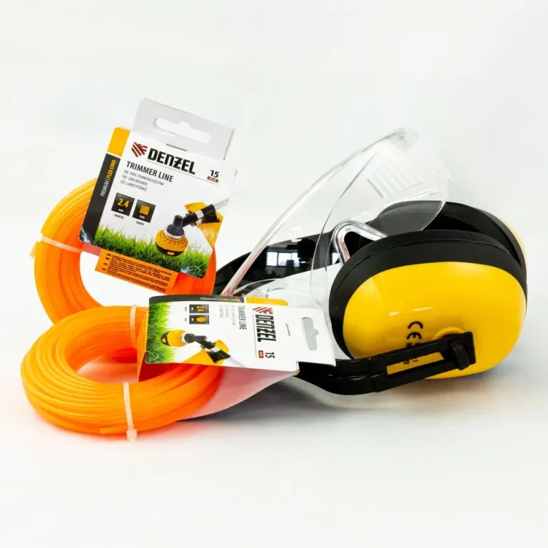 DENZEL SIGURNOSNI KOMPLET ZA TRIMER  PRO: KONAC TRIMERA 2,4mm x15m 2KOM,ZAŠTITNE NAOČALE,ŠTITNICI ZA  UŠI,MREŽASTI VIZIR,POJAS