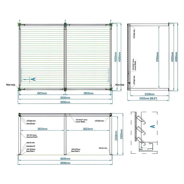 BIOKLIMATSKA PERGOLA S MOTORIZIRANIM LAMELAMA I LED RASVJETOM - Model Y 5.63 x 4.00 m