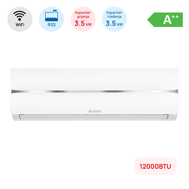 Klima Chigo 12000BTU, 3.5kW, A++, R32, -25°C ~ 50°C, s grijačem, WiFi, bijela