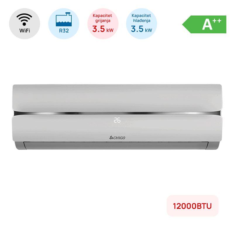 Klima Chigo 12000BTU, 3.5kW, A++, R32, -25°C ~ 50°C, s grijačem, WiFi, siva