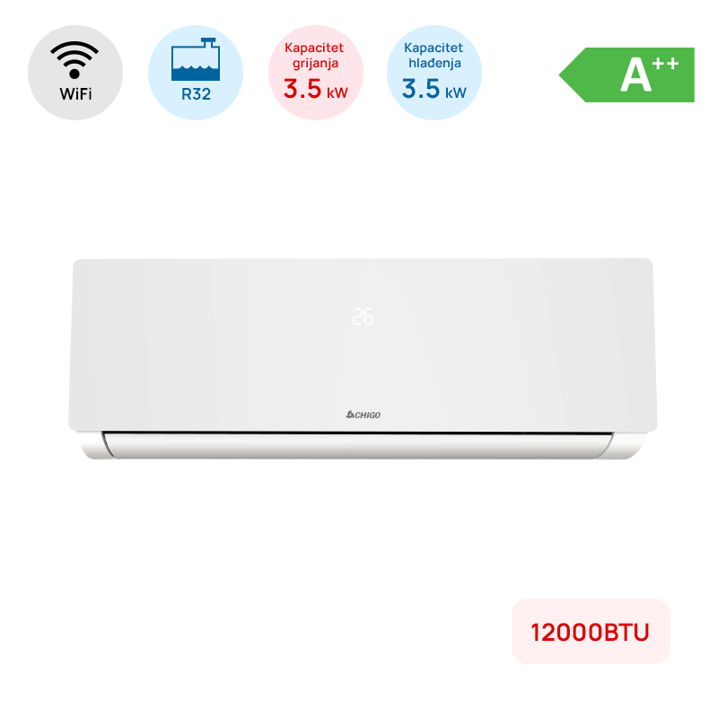 Klima Chigo 12000BTU, 3.5 kW, A++, R32, -25°C ~ 50°C, s grijačem, WiFi, bijela
