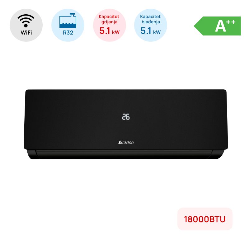 Klima Chigo 18000BTU, 5.1kW, A++, R32, -25°C ~ 50°C, s grijačem, WiFi, crna